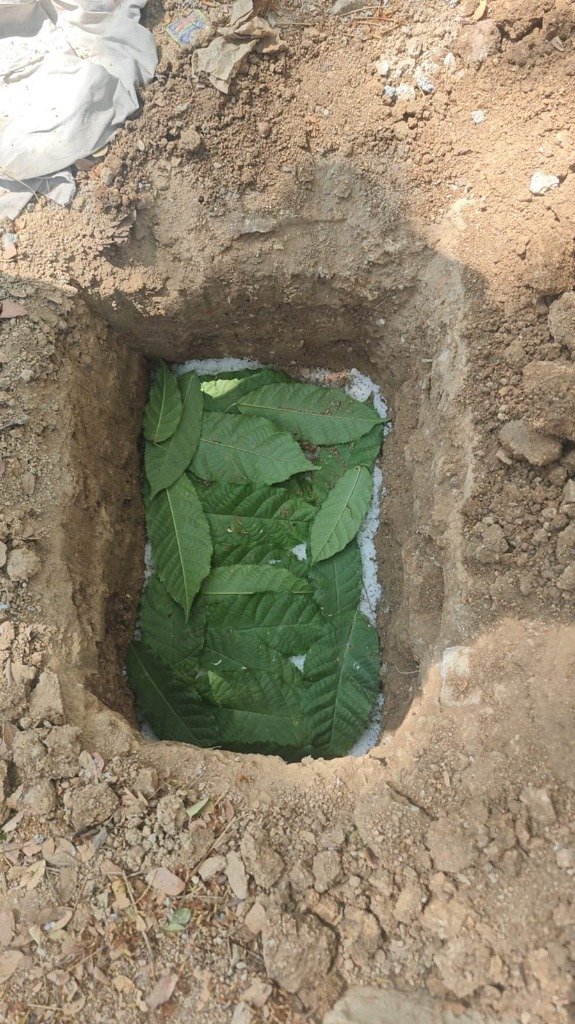 Pet burial plot prepared with fresh green leaves and traditional offerings — Bengaluru pet burial service